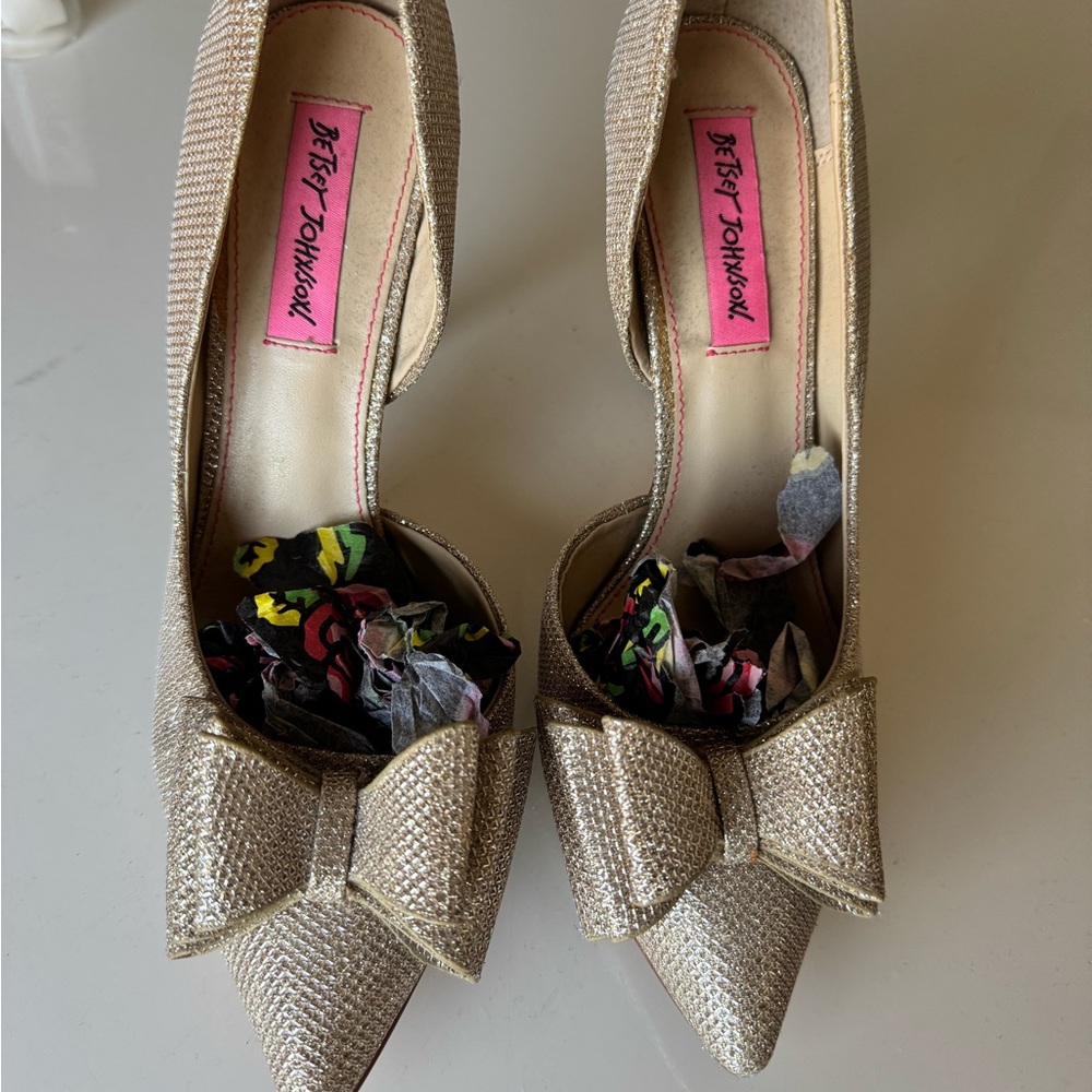 Betsey Johnson Prince Gold Glitter Heels with Bow